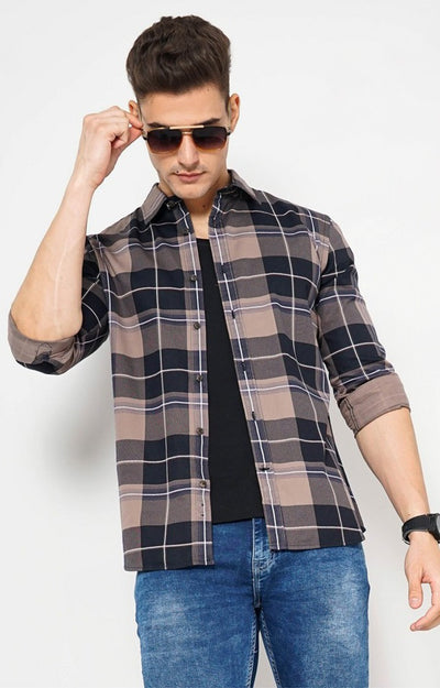 Celio Men Brown Checked Regular Fit Cotton Shirts