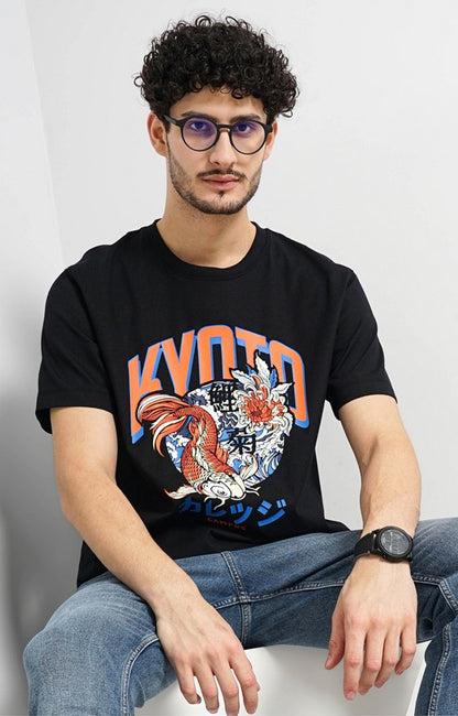 Celio Men Black Printed Boxy Fit Cotton T-Shirts