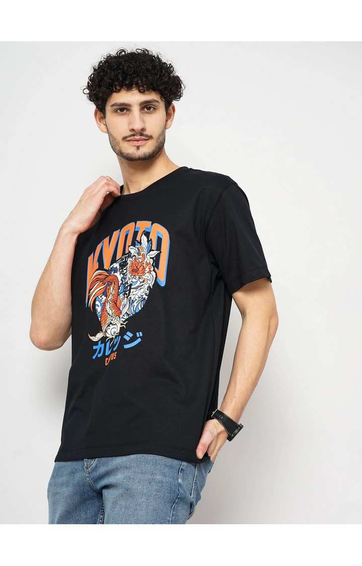 Celio Men Black Printed Boxy Fit Cotton T-Shirts