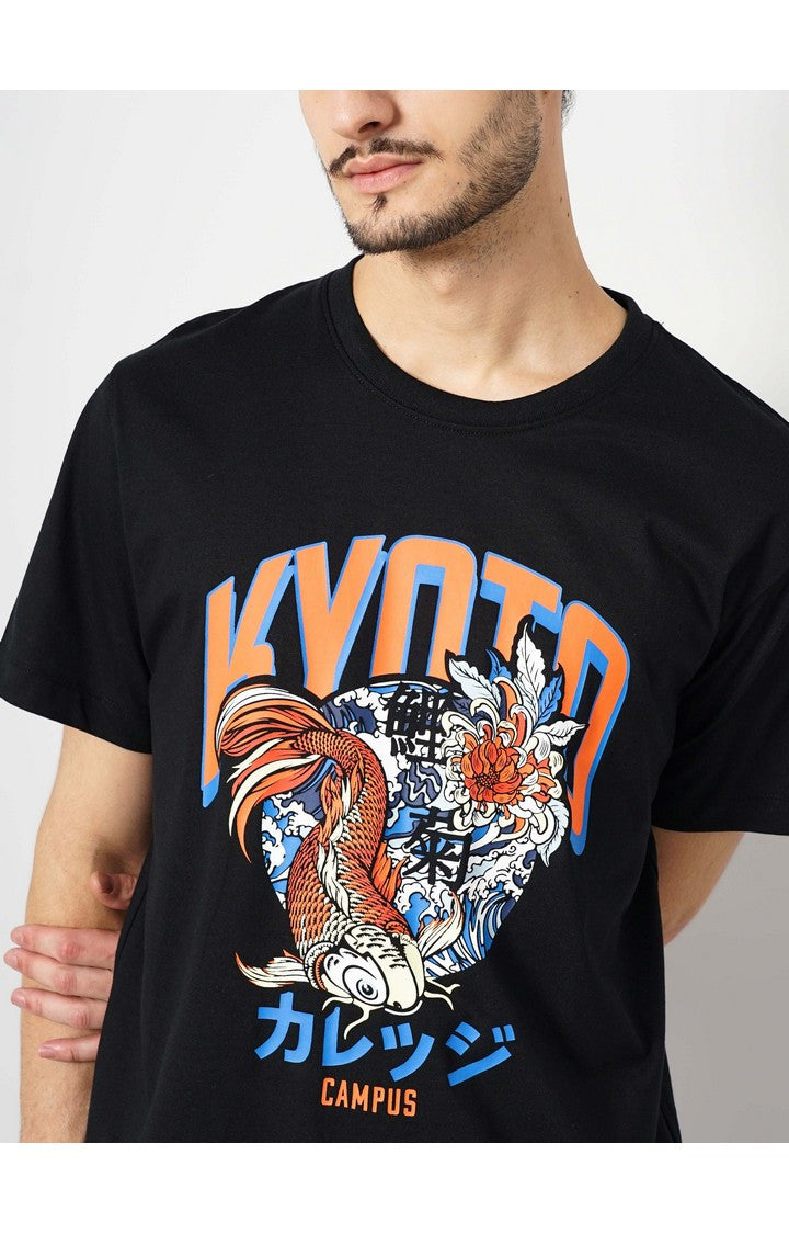 Celio Men Black Printed Boxy Fit Cotton T-Shirts