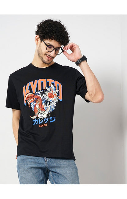 Celio Men Black Printed Boxy Fit Cotton T-Shirts