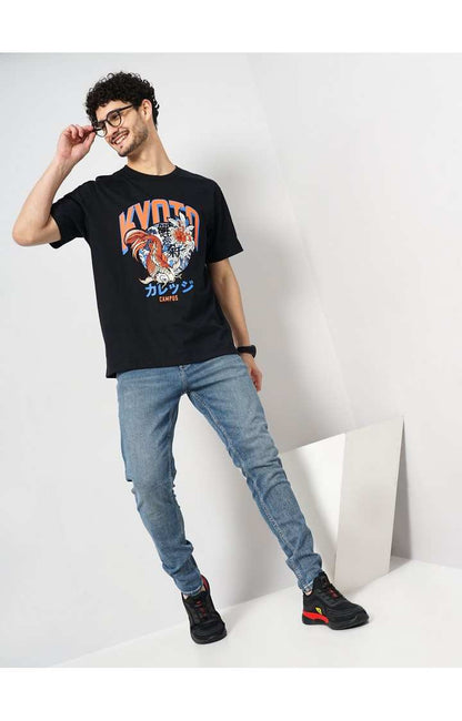 Celio Men Black Printed Boxy Fit Cotton T-Shirts