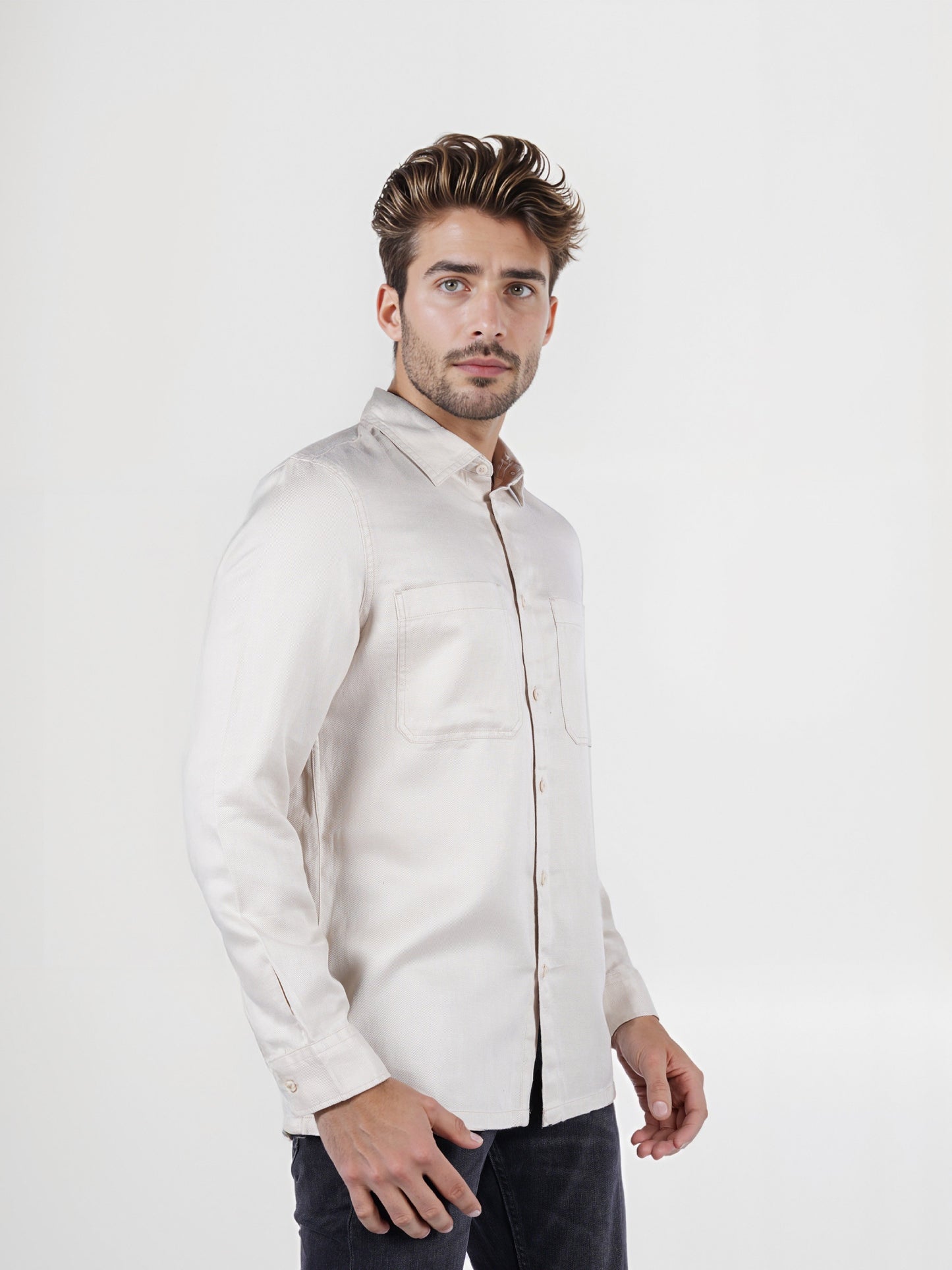 Celio* Solid Overshirt Linen-Blend Beige Shirt