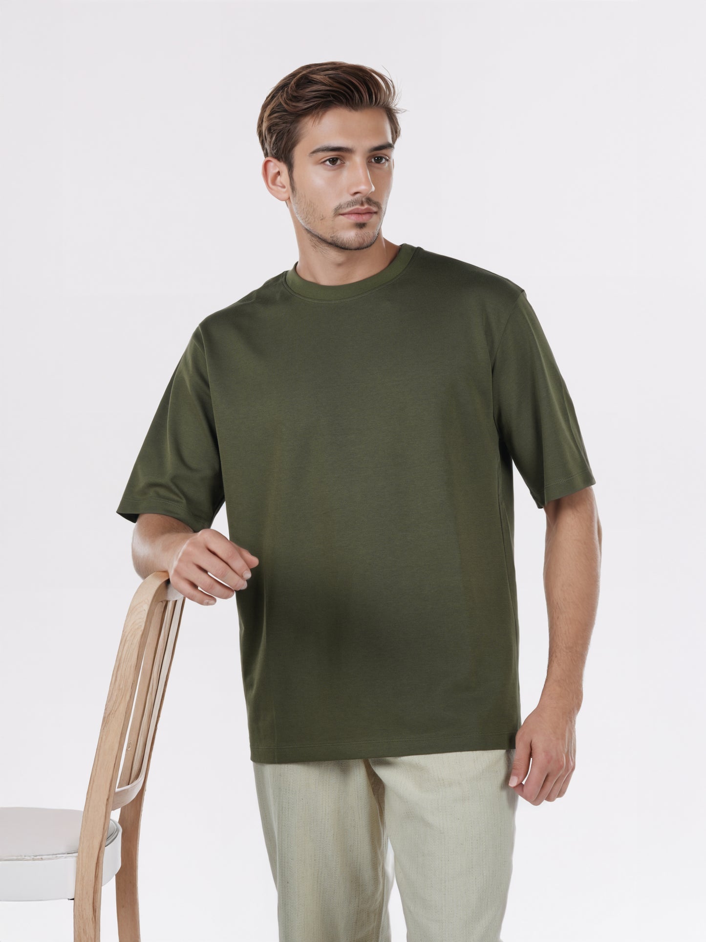 Celio* Men Olive Solid Oversized Cotton-Blend T-Shirts