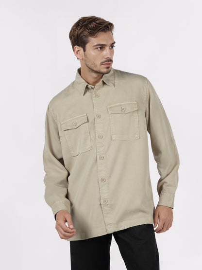 Celio* Men Beige Solid Overshirt Cotton-Tencel-Blend Shirts
