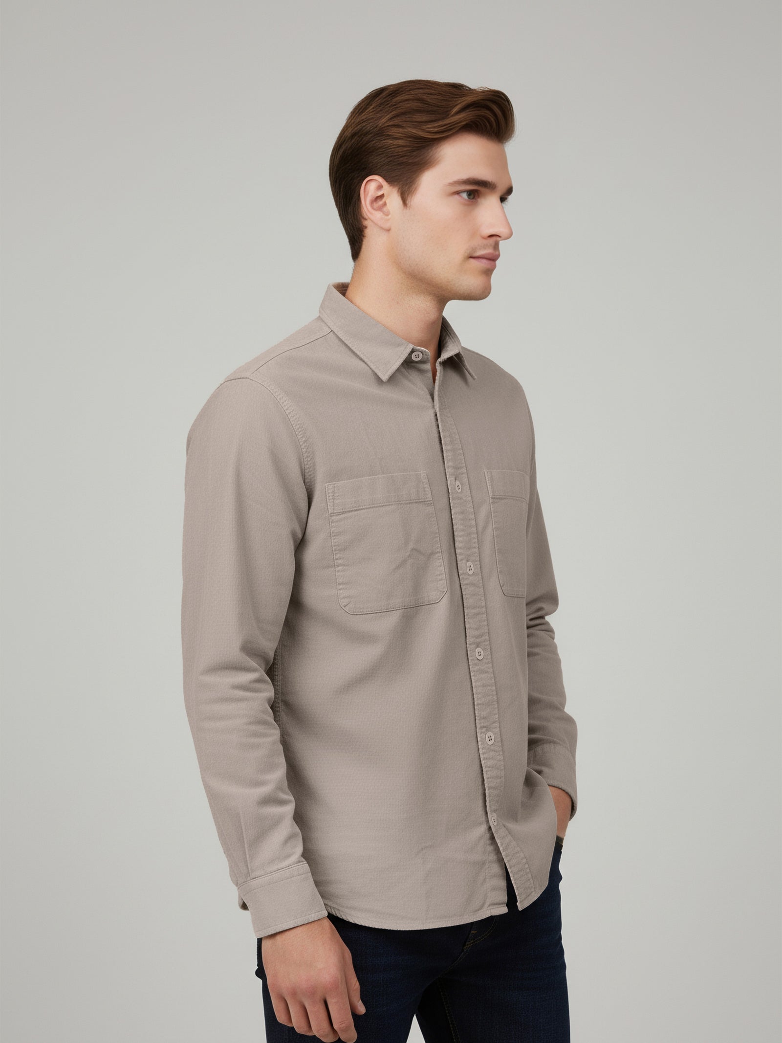 Celio* Beige Cotton Overshirt Men Solid Shirts