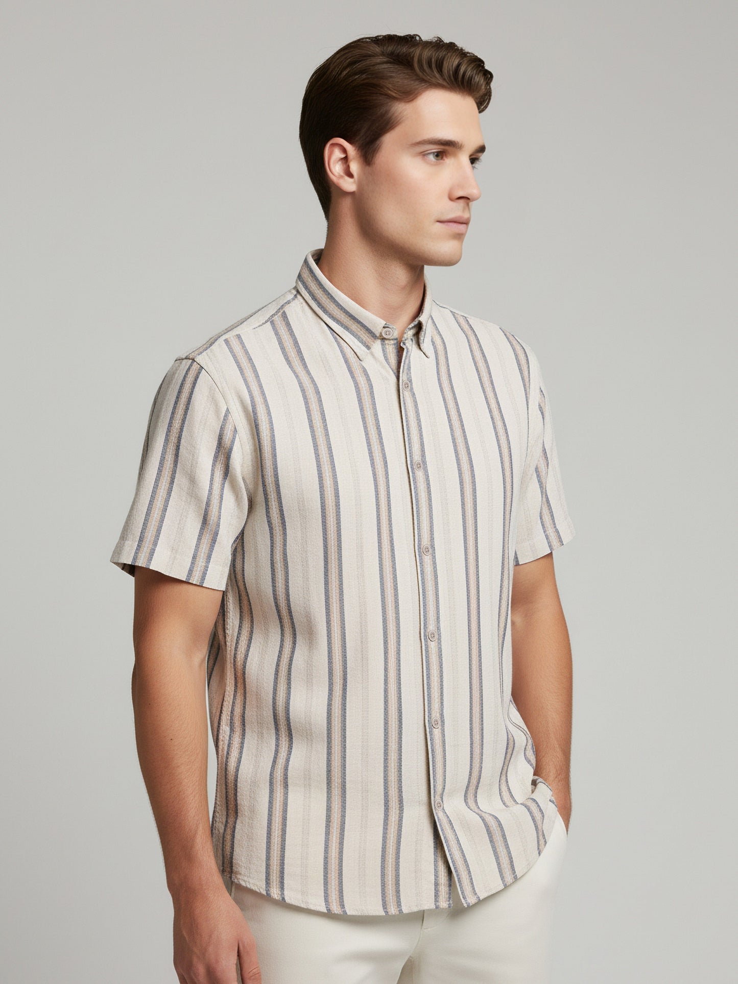 Celio* Men Beige Striped Regular Fit Cotton-Viscose-Blend Shirts