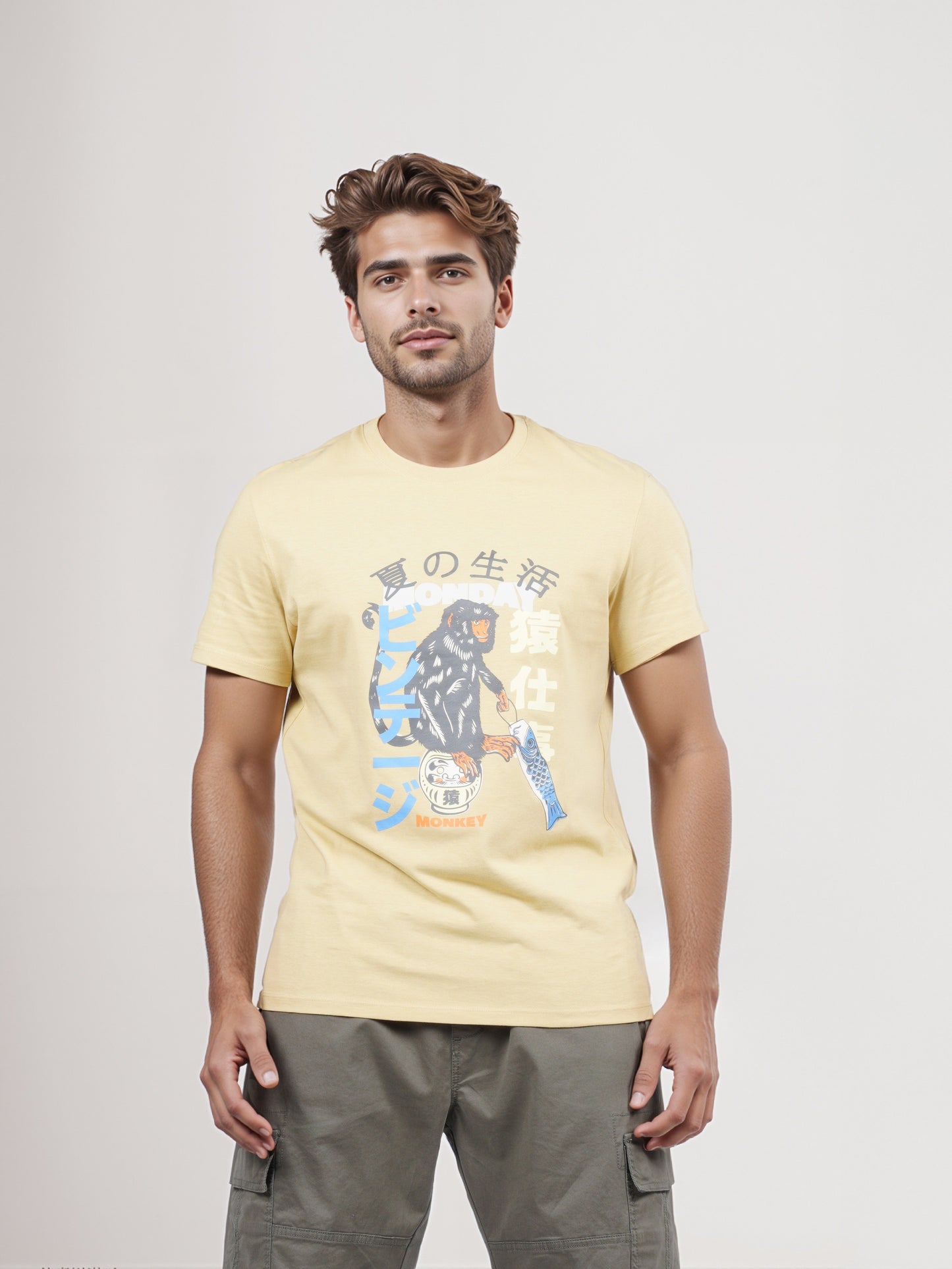 Celio* Men Mustard Printed Straight Fit Cotton T-shirt