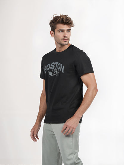 Celio* Men Black Printed Straight Fit Cotton T-shirt