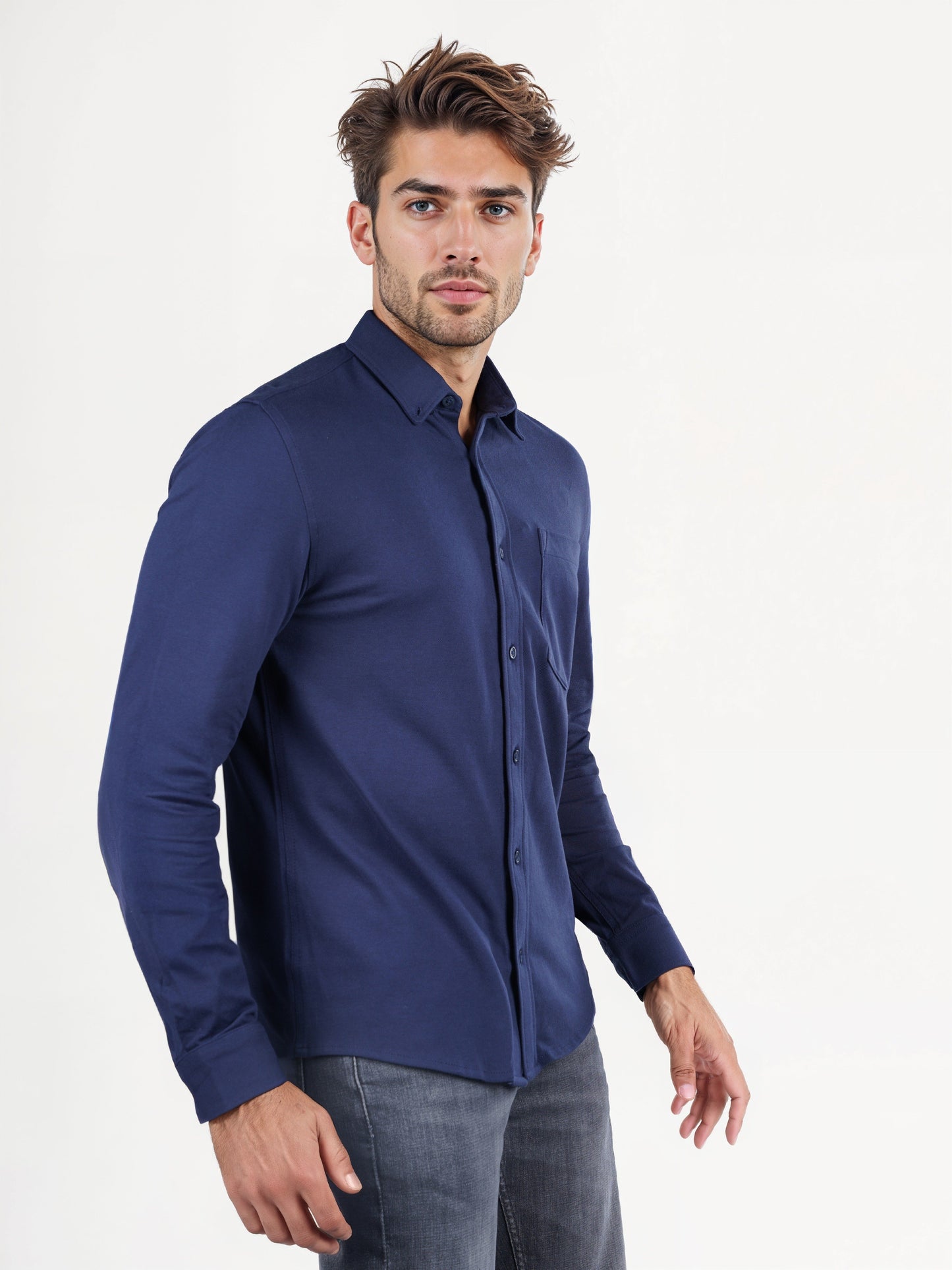 Celio* Solid Regular Fit Cotton-Blend Navy Blue Shirt