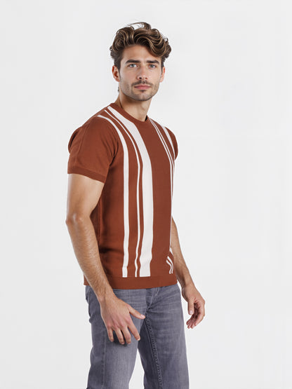 Celio* Men Brown Striped Regular Fit Cotton T-shirt