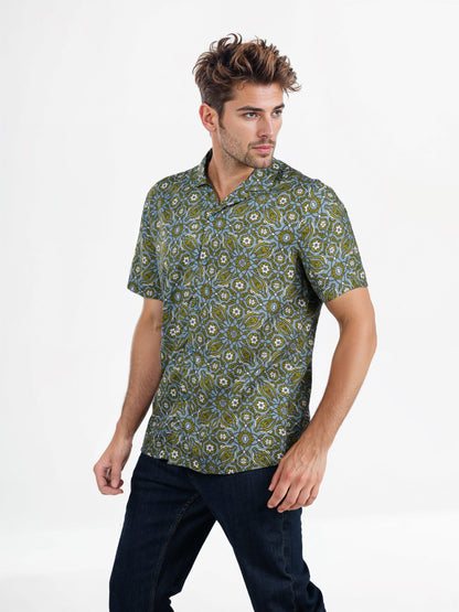 Celio* Floral Regular Fit Viscose Green Shirt