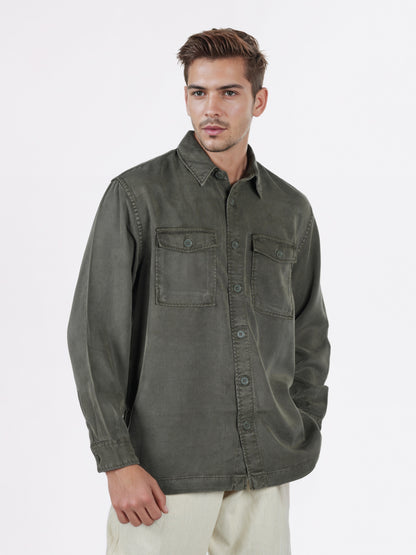 Celio* Men Olive Solid Overshirt Cotton-Tencel-Blend Shirts