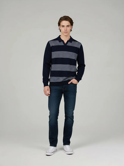 Celio* Men Navy Blue Striped Regular Fit Cotton T-Shirts
