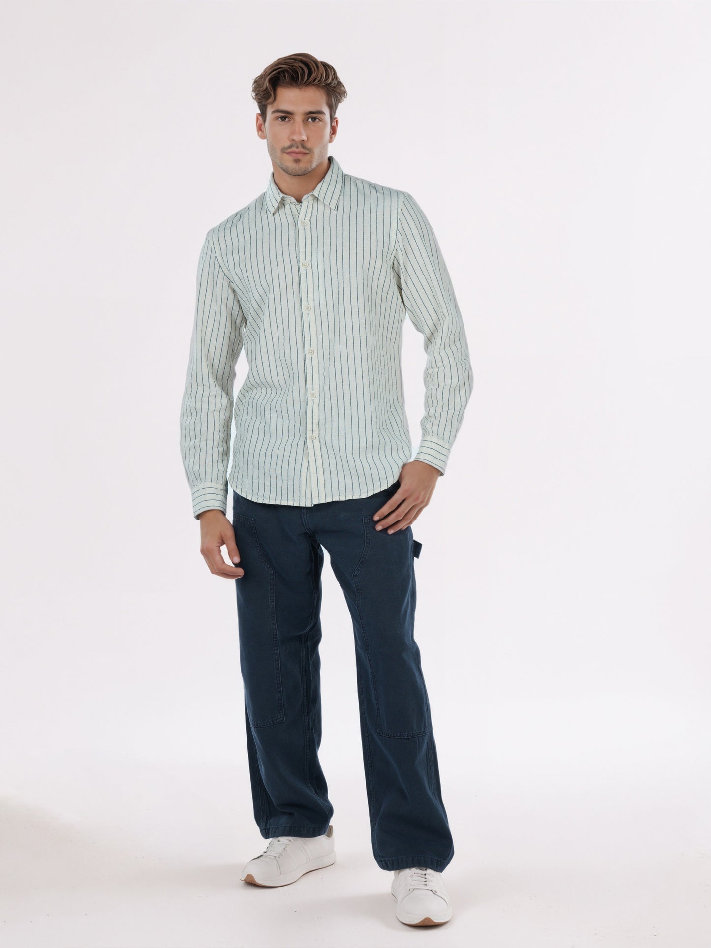 Celio* Men White Striped Regular Fit Cotton Shirts