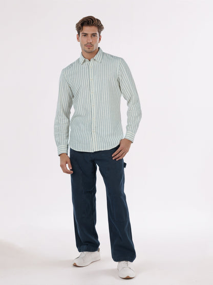 Celio* Men White Striped Regular Fit Cotton Shirts