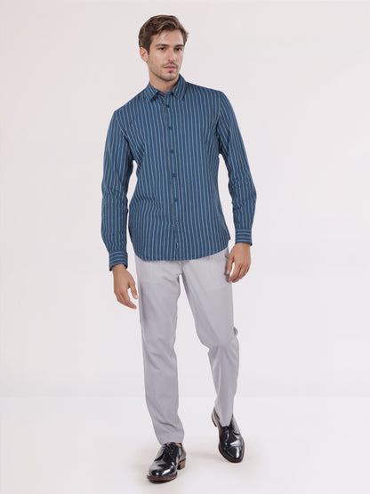 Celio* Men Blue Striped Regular Fit Cotton Shirts