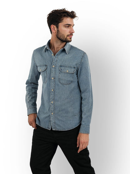 Blue Solid Cotton Shirt