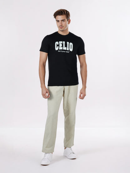 Celio* Men Black Printed Regular Fit Cotton T-Shirts