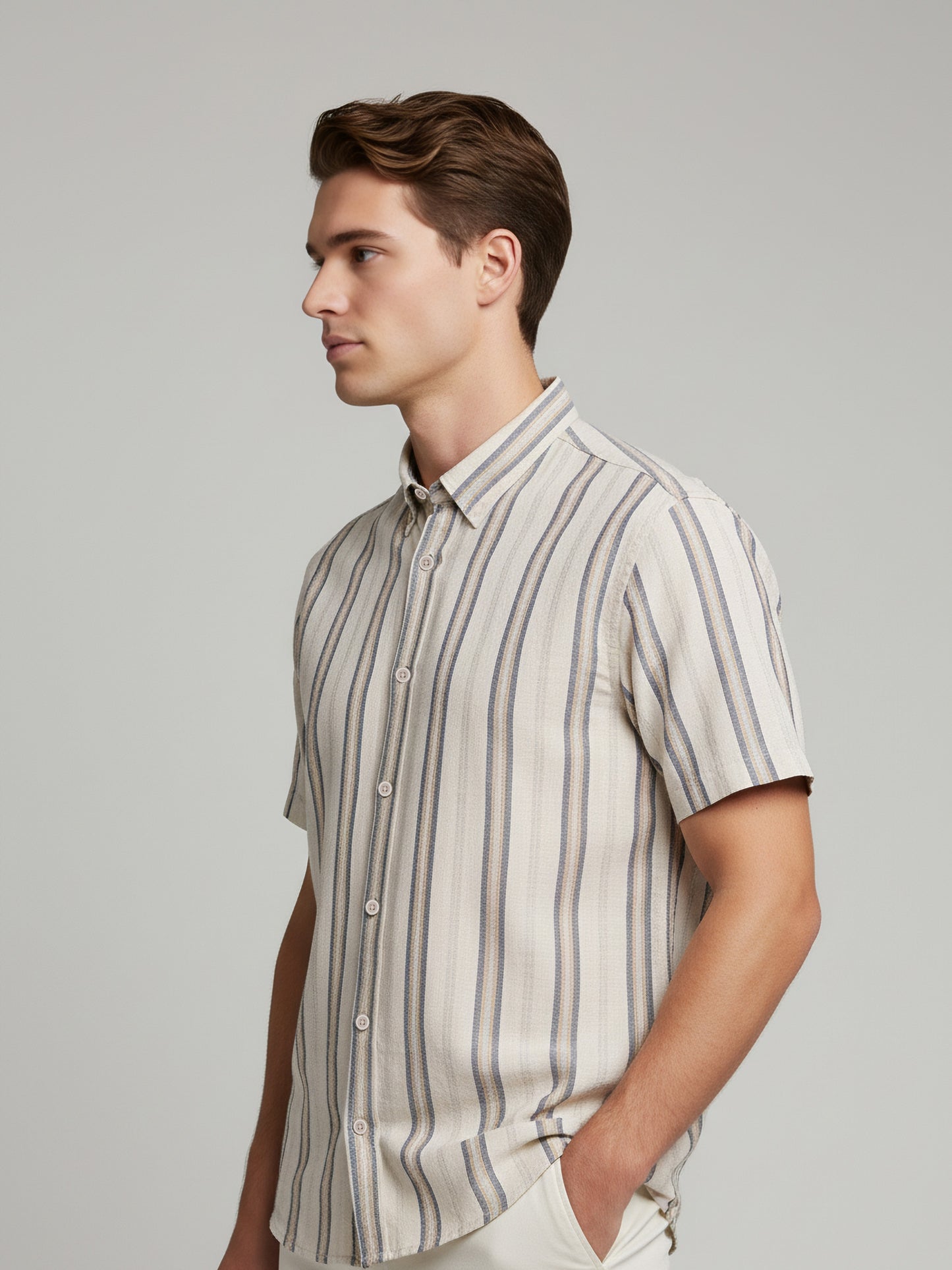 Celio* Men Beige Striped Regular Fit Cotton-Viscose-Blend Shirts