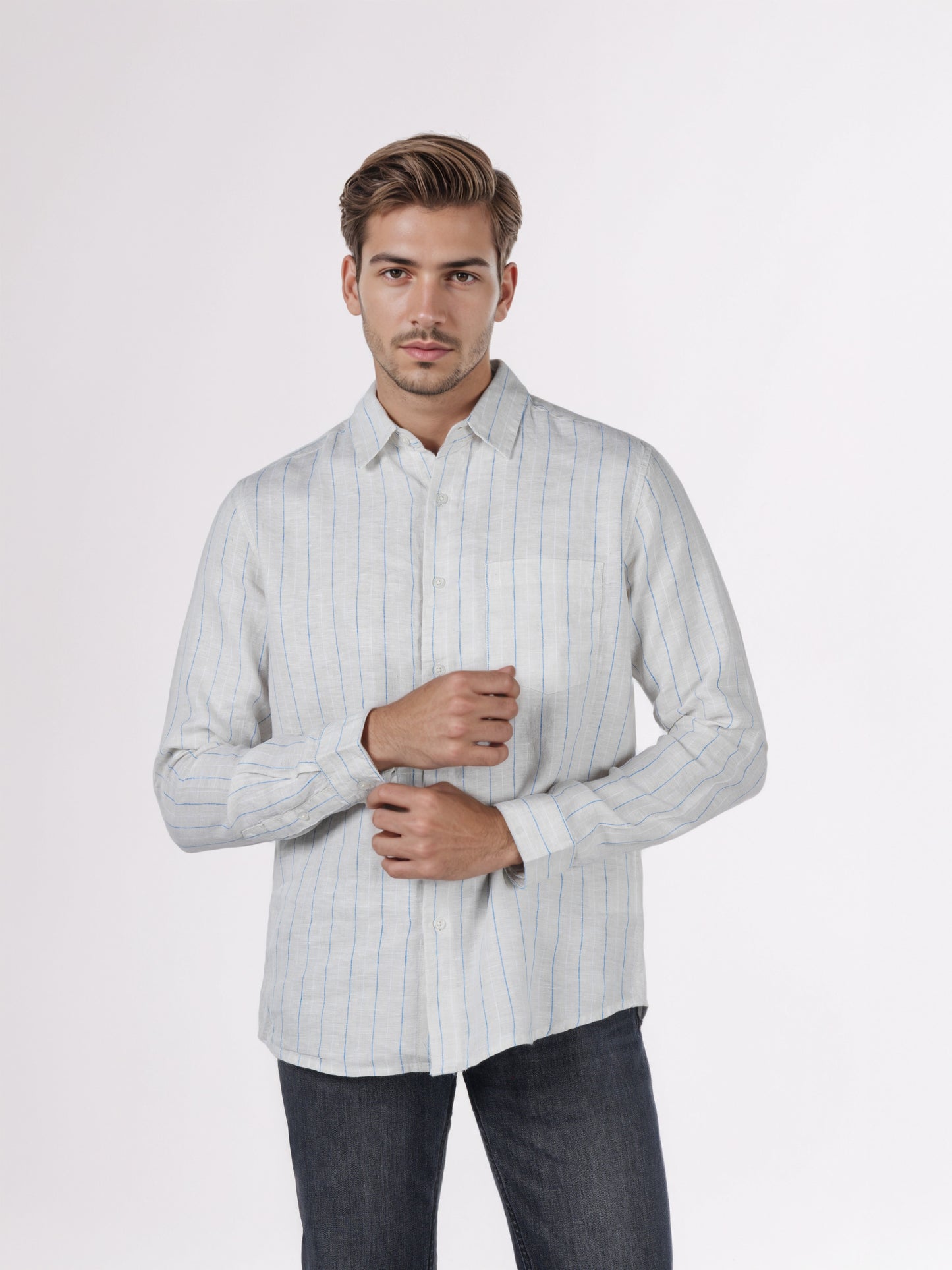 Celio* Men White Striped Regular Fit Linen Shirts