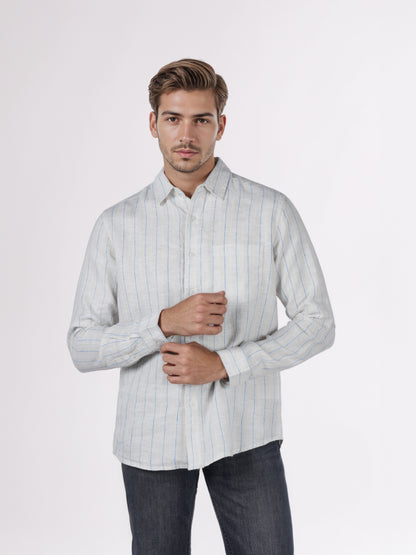Celio* Men White Striped Regular Fit Linen Shirts