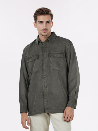 Celio* Men Olive Solid Overshirt Cotton-Tencel-Blend Shirts