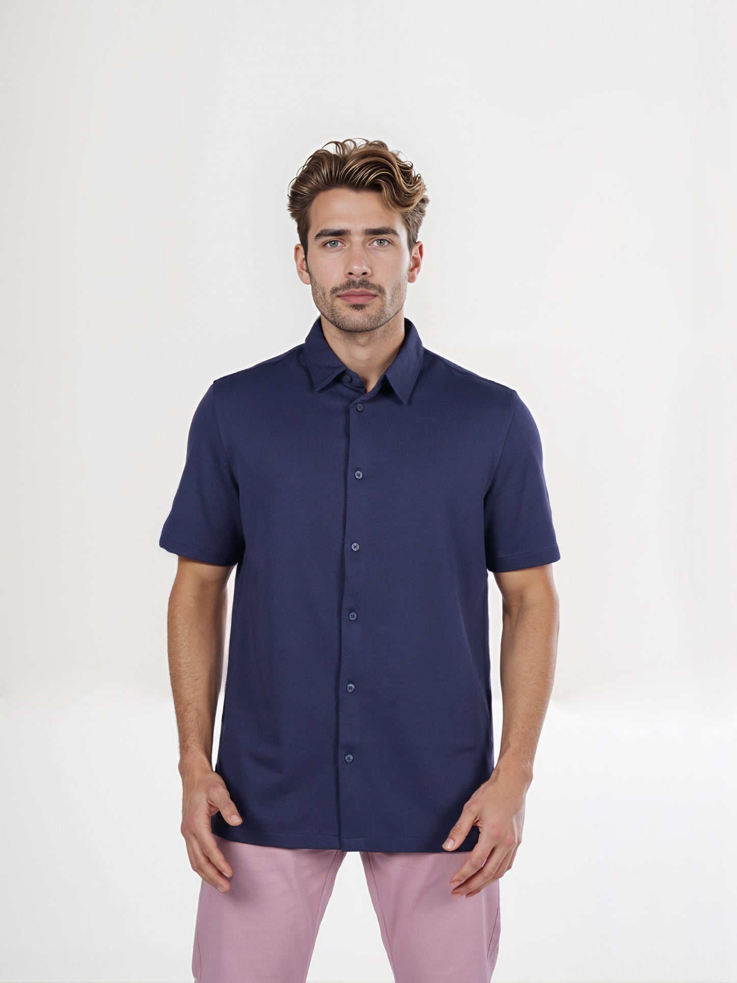 Celio* Solid Regular Fit Poly-Cotton Navy Blue Shirt