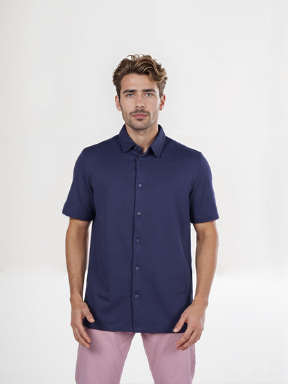Celio* Solid Regular Fit Poly-Cotton Navy Blue Shirt