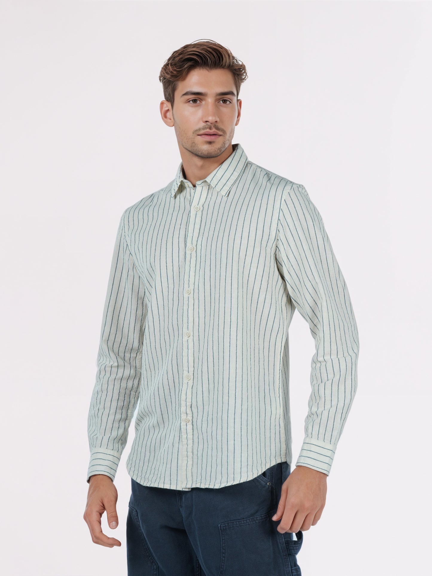 Celio* Men White Striped Regular Fit Cotton Shirts