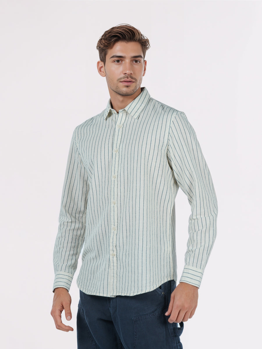 Celio* Regular Fit Striped Men Cotton White Shirts