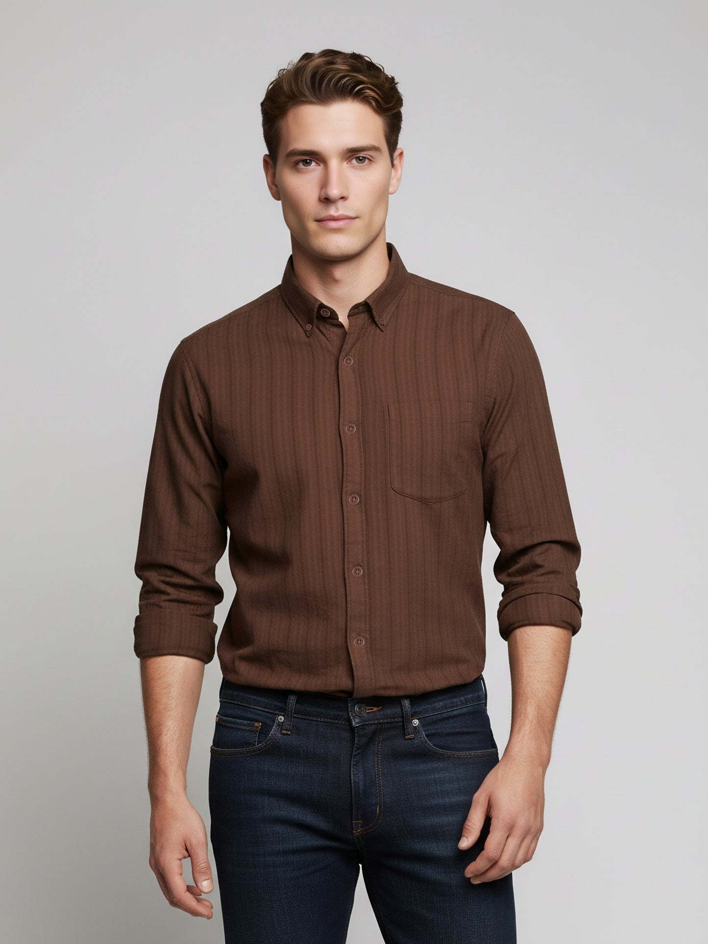 Celio* Men Brown Striped Regular Fit Cotton Shirts