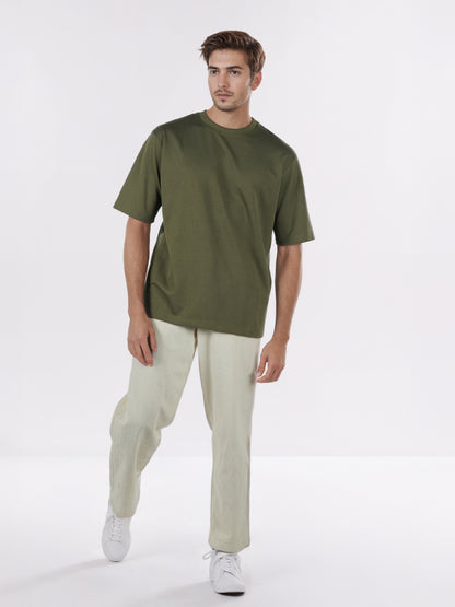 Celio* Men Olive Solid Oversized Cotton-Blend T-Shirts