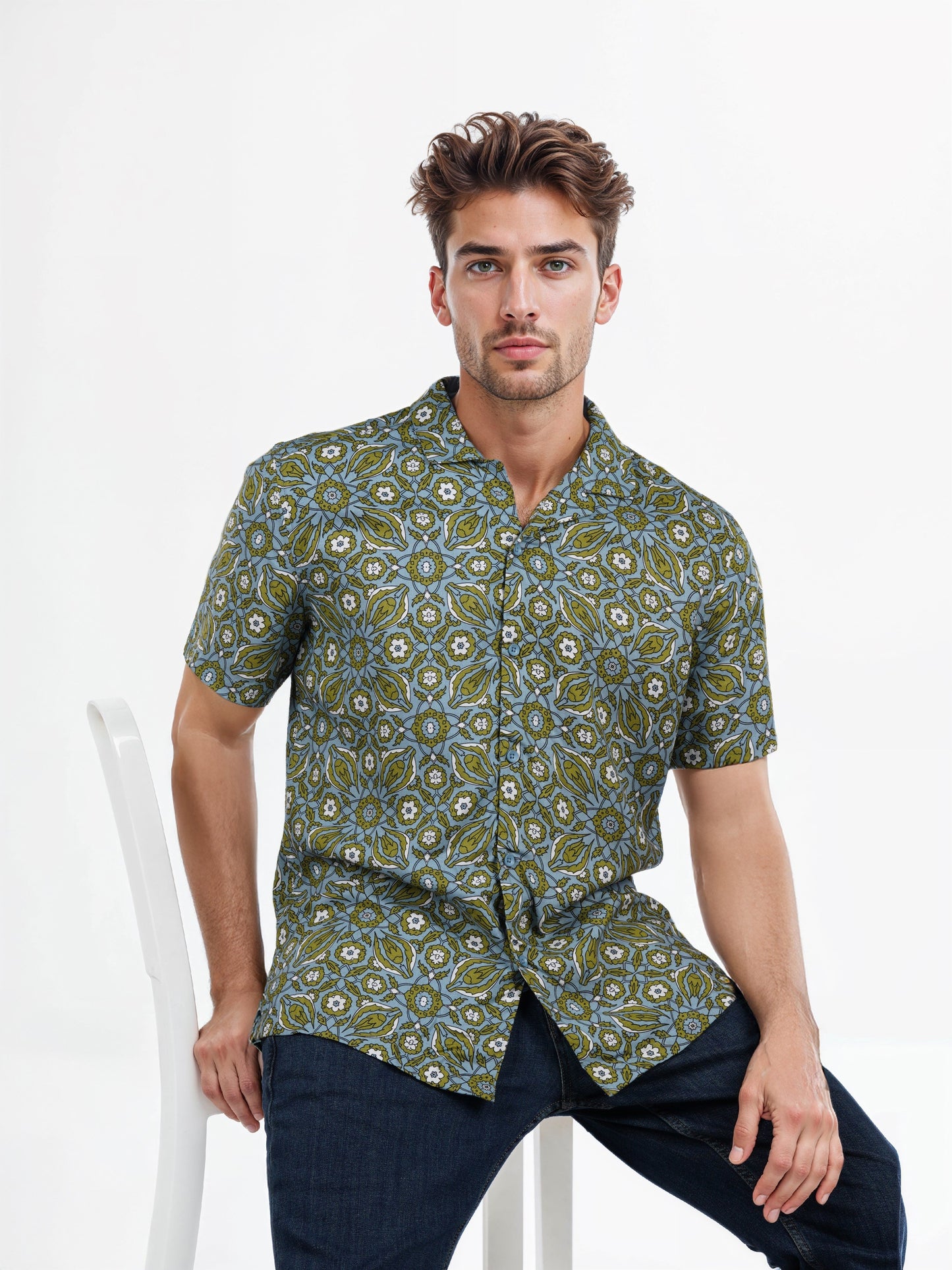 Celio* Floral Regular Fit Viscose Green Shirt