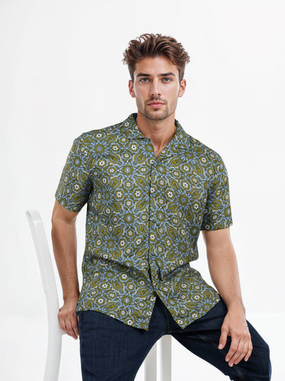 Celio* Floral Regular Fit Viscose Green Shirt