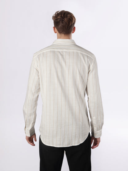 Celio* Men Off White Striped Regular Fit Cotton Shirts