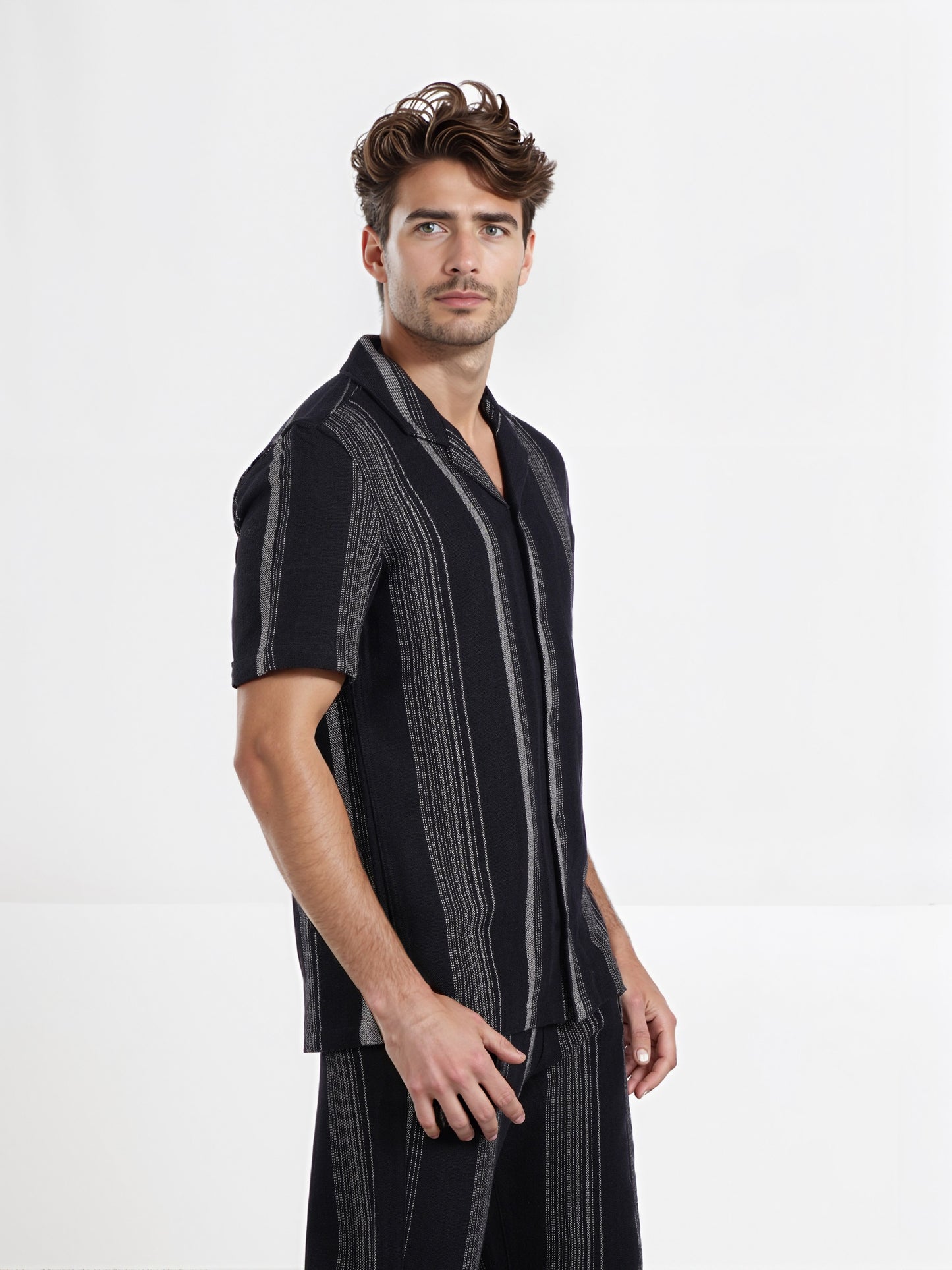 Celio* Men Black Striped Regular Fit Cotton Fashion Shirt