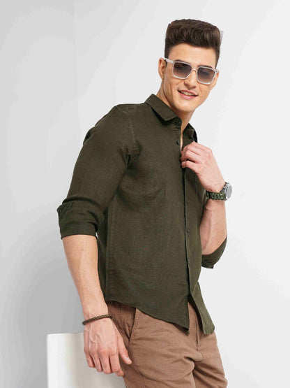 Celio* Men Green Linen Solid Regular Fit Shirt