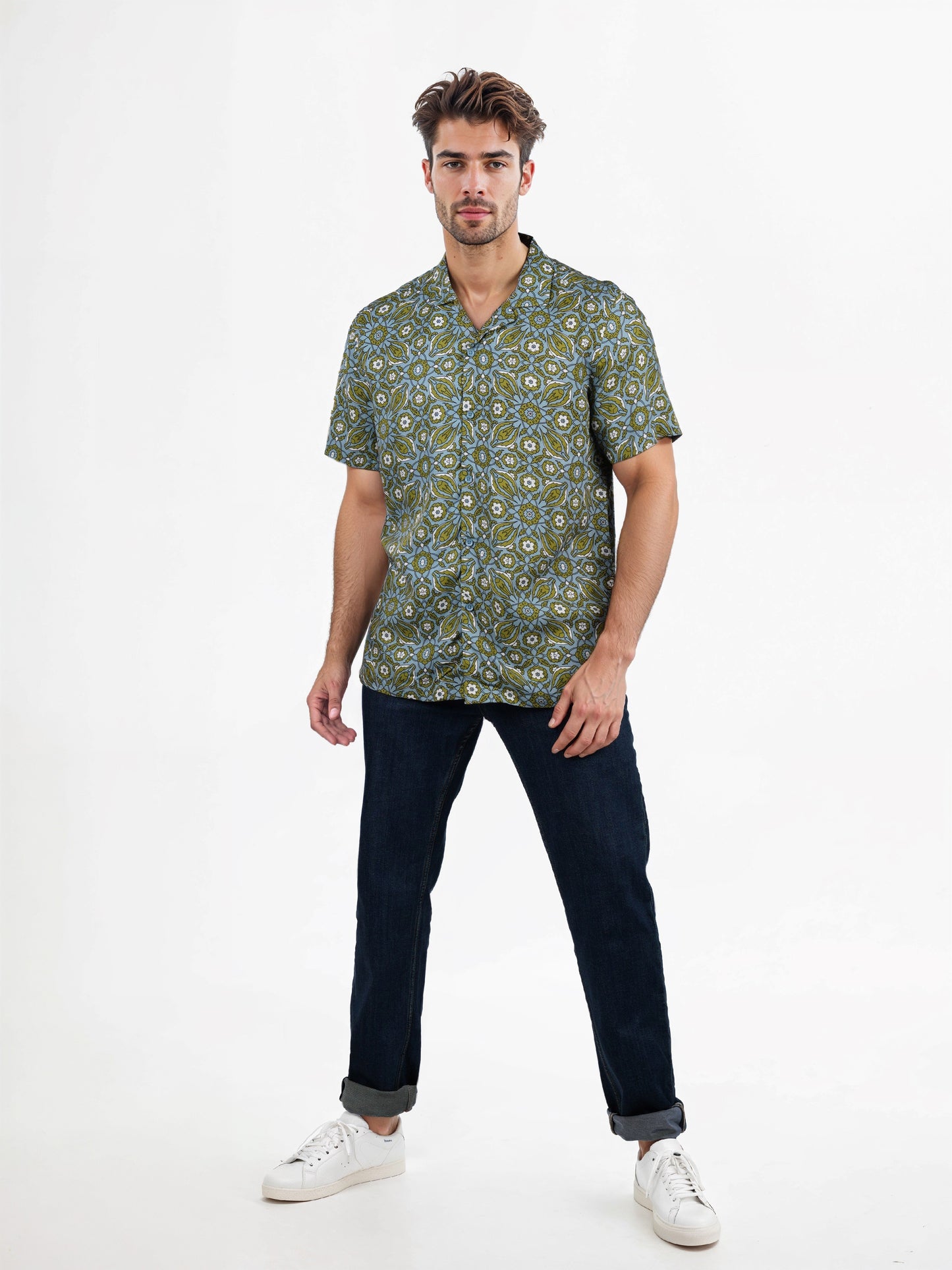 Celio* Floral Regular Fit Viscose Green Shirt