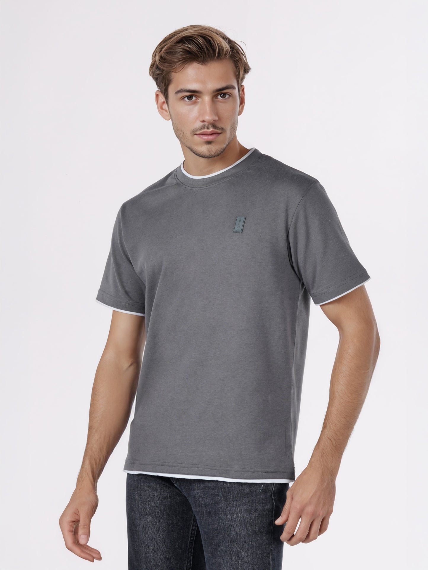 Celio* Men Grey Solid Boxy Fit Cotton-Poly-Blend T-Shirts