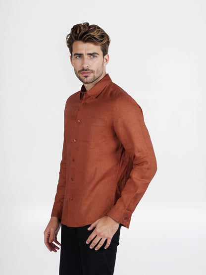 Celio* Solid Regular Fit Linen Orange Shirt