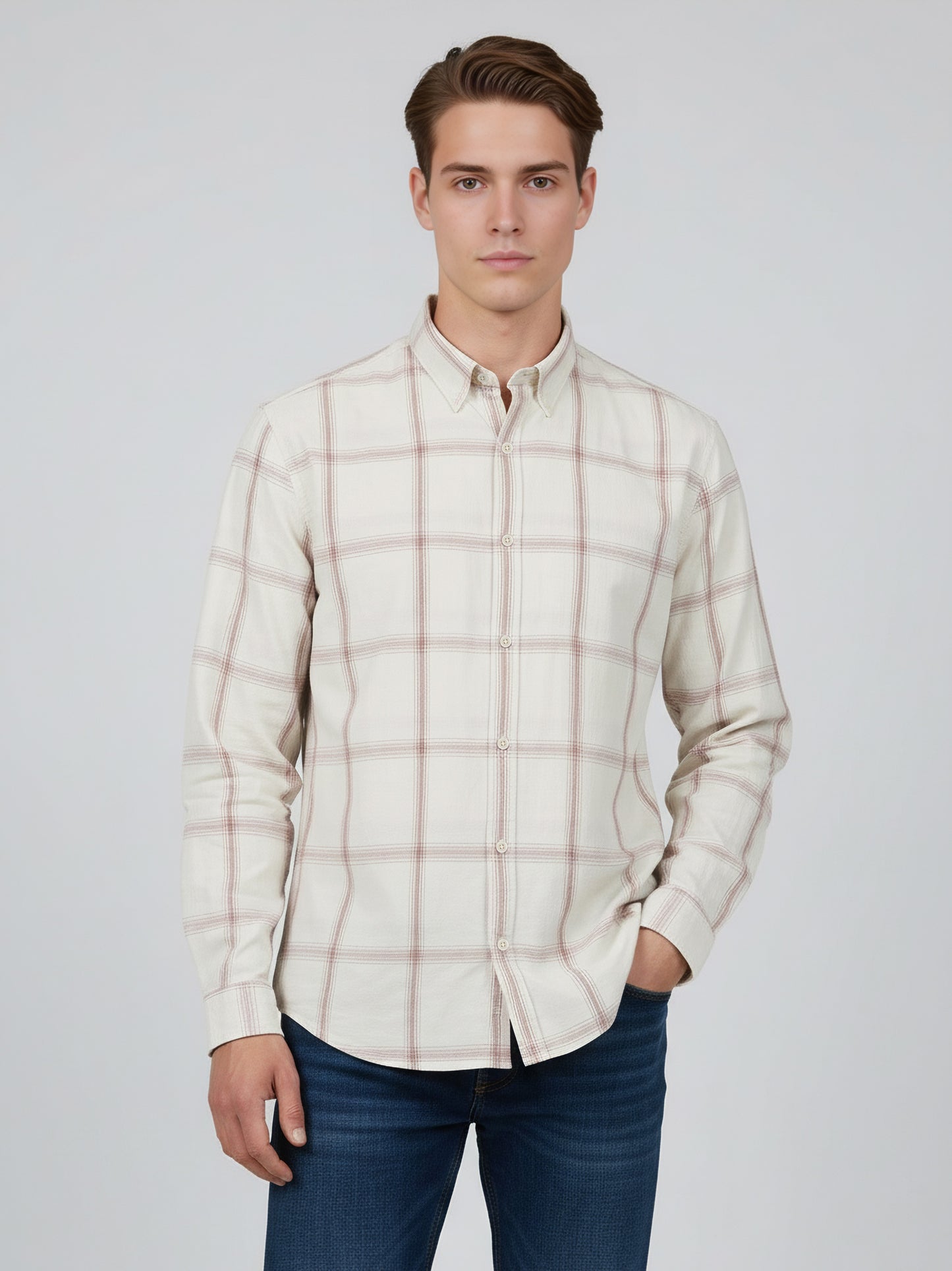Celio* Men Beige Checked Regular Fit Cotton Shirts