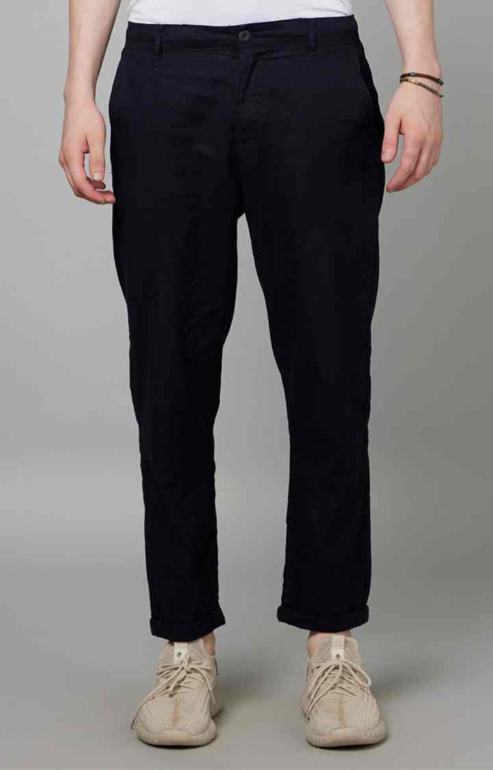 Navy Blue Straight Fit Linen Pants