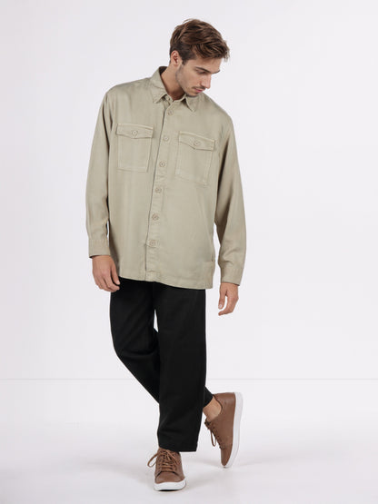 Celio* Men Beige Solid Overshirt Cotton-Tencel-Blend Shirts