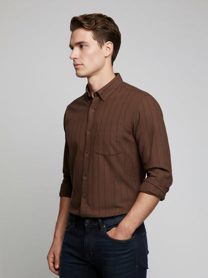 Celio* Men Brown Striped Regular Fit Cotton Shirts