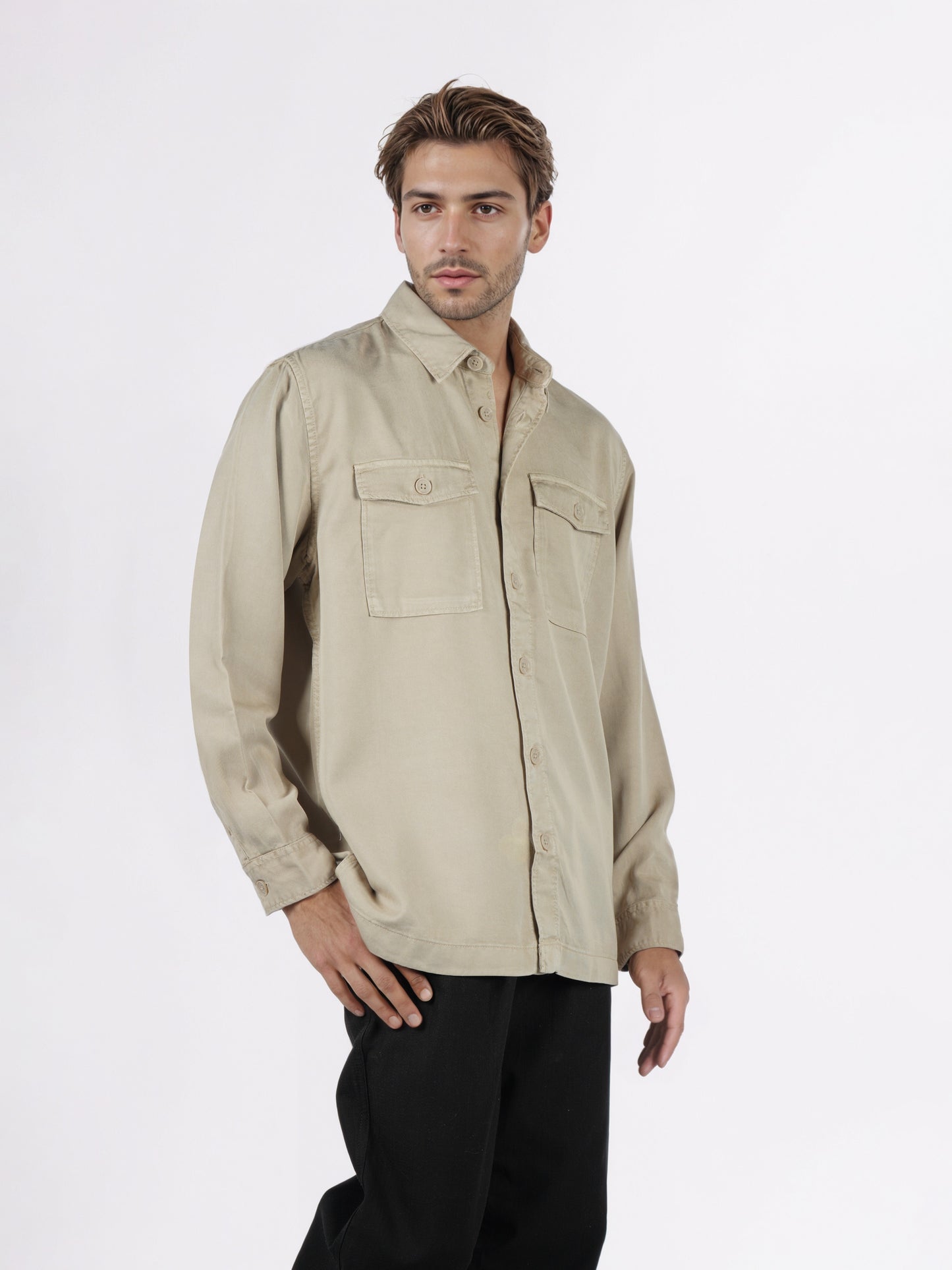 Celio* Men Beige Solid Overshirt Cotton-Tencel-Blend Shirts