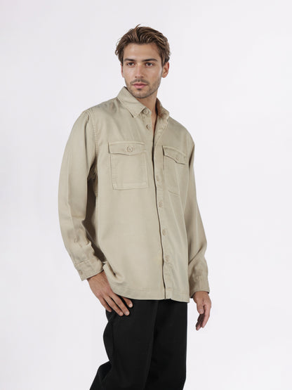 Celio* Men Beige Solid Overshirt Cotton-Tencel-Blend Shirts
