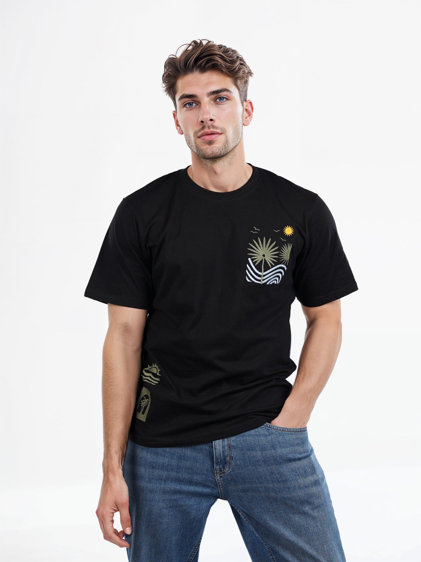 Celio* Embroidered Boxy Fit Cotton Black T-Shirts