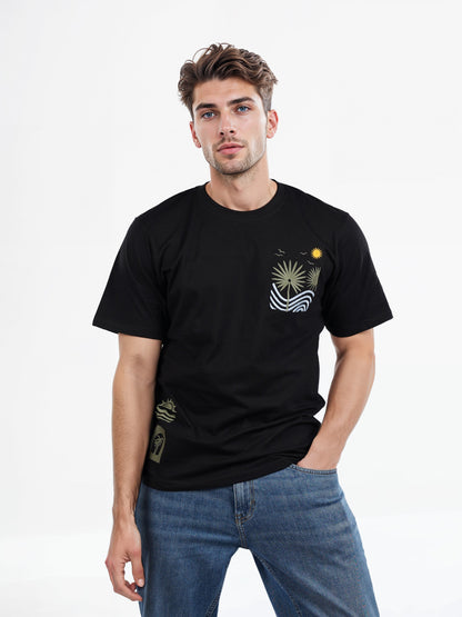 Celio* Embroidered Boxy Fit Cotton Black T-Shirts