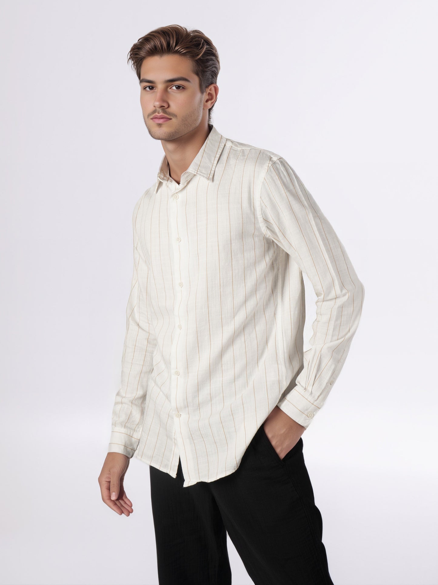 Celio* Men Off White Striped Regular Fit Cotton Shirts